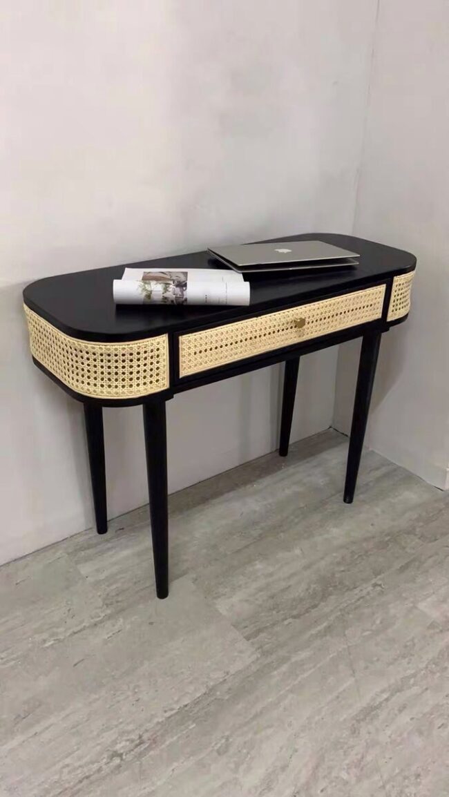 Console en bois noir avec tiroir en cannage naturel