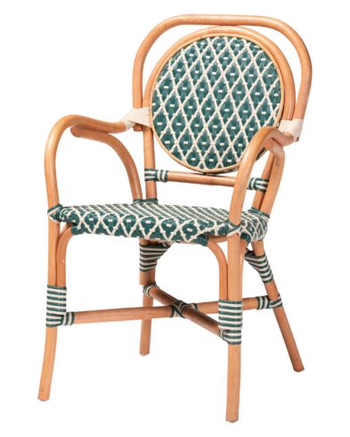 Fauteuil Bistro “Médaillon” en Rotin – Tressage Artisanal Vert Émeraude & Crème
