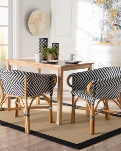 Fauteuil Cabriolet Bistro “Diamond” – Rotin Naturel et Tressage Chevron Noir & Blanc