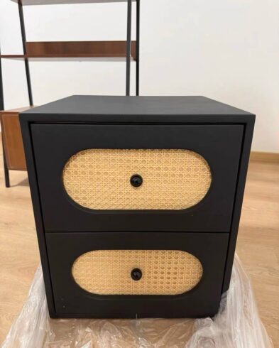 Table de Chevet Cubique en Bois Noir et Médaillons Cannage Rotin