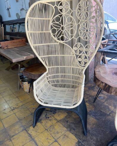 Fauteuil Majestueux en Rotin Synthétique et Piètement Noir, Tressage Rosette