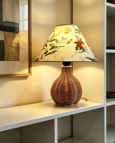 Lampe de Chevet en Rotin Tressé, Abat-jour Fleuri