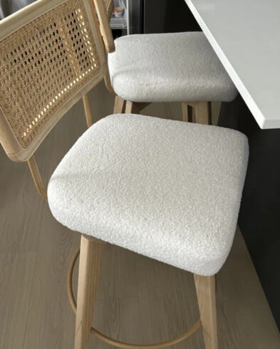 Chaise de Bar Dossier Cannage, Assise Tissu Bouclette Blanc